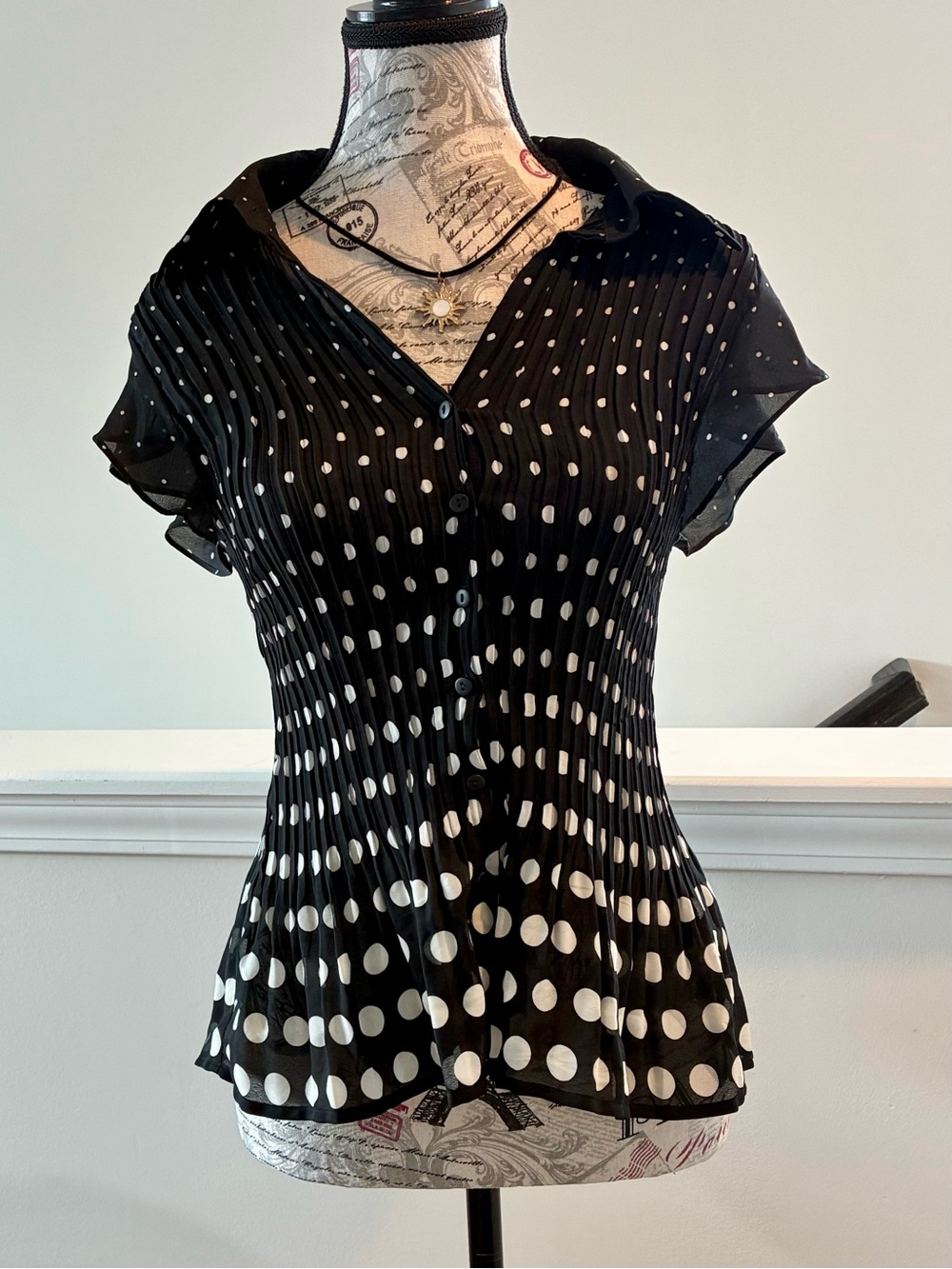 Allison Taylor Black and White Polka Dot Pleated Button-Front Top